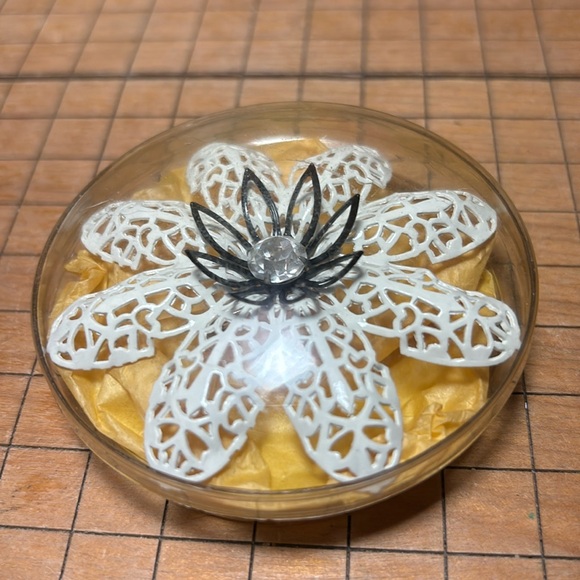 MCM Brooch White Enamel Filigree Black Flower Clear Gem Center Rolling Pin Clasp - Picture 1 of 12